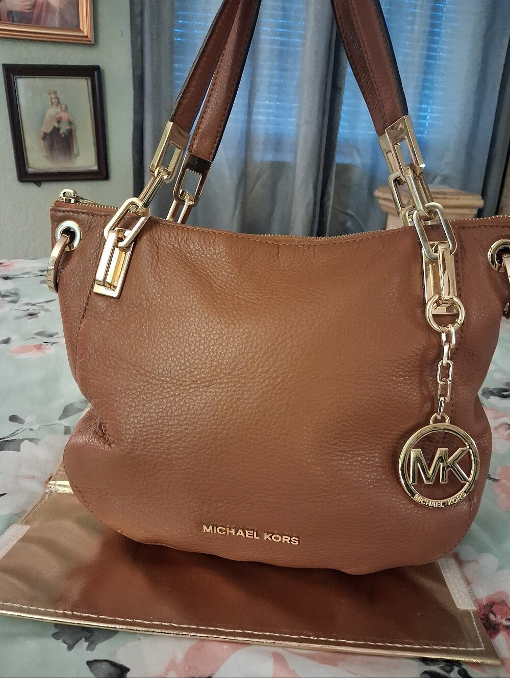 Michael Kors Brown Pebbled Leather Shoulder Bag with Gold-Tone Hardware